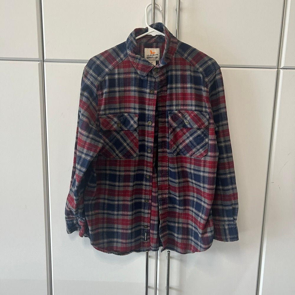 Field & Stream Mens Flannel Shirt Medium Red Blue Plaid Long Sleeve Button Down